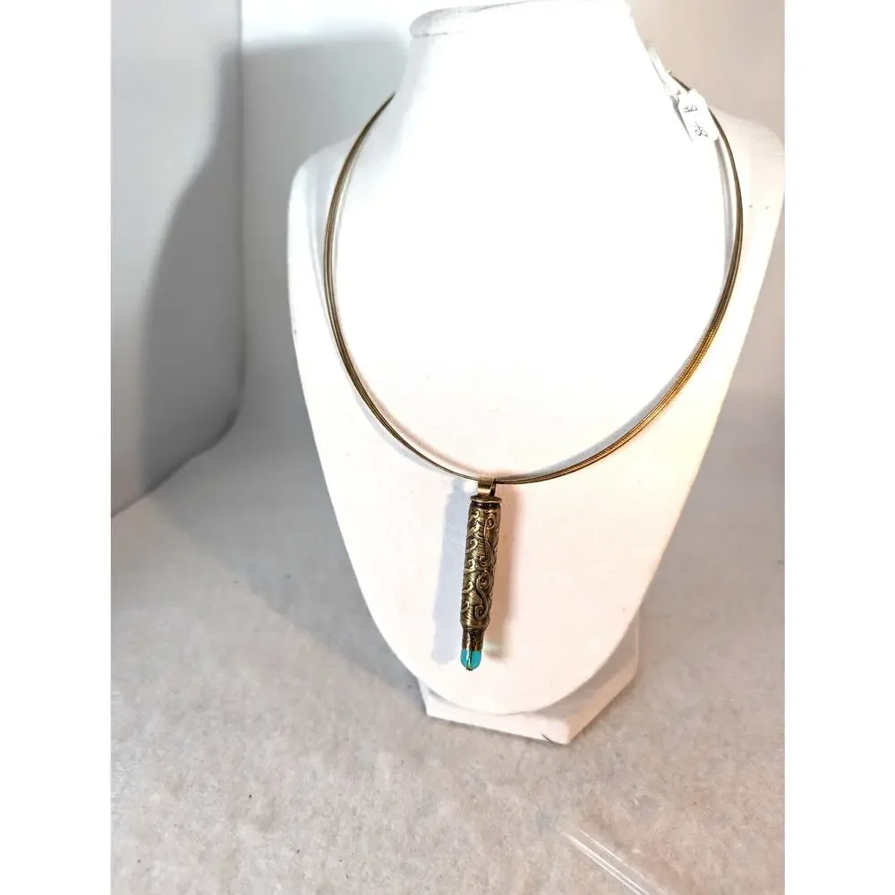 Bullet pendant necklace hand acid etched brass with glass bead wire neck;ace NIB
